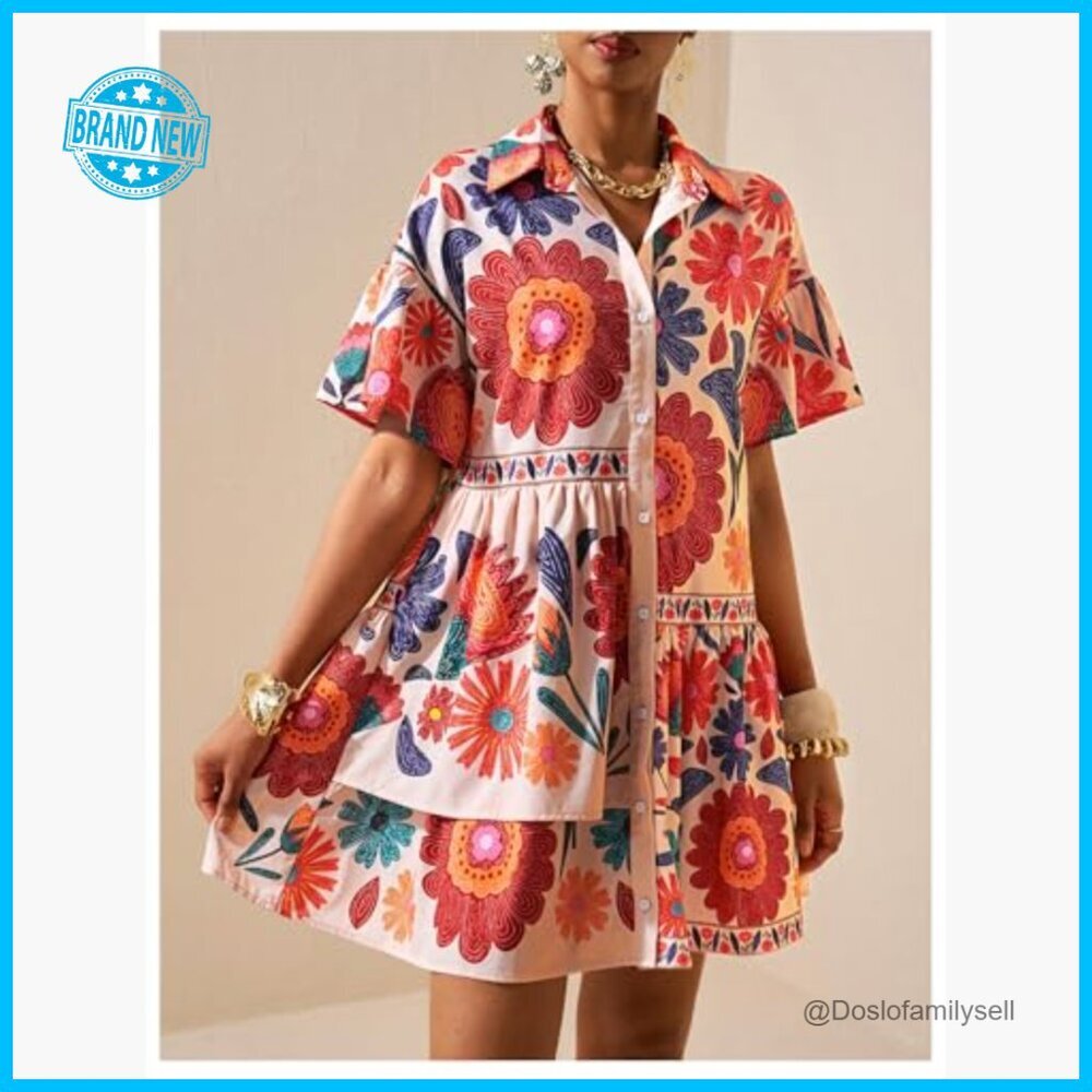 Floral Babydoll Dress Collared Short Sleeve Button Down Ruffle Summer Chic - Picture 4 of 5
